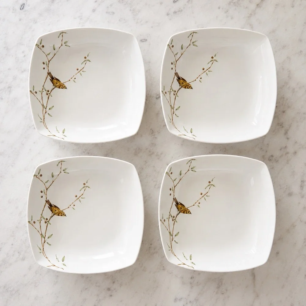 222 Fifth Early Bird Fine China Square Soup Bowls Set of 4 Yellow Bird Pattern